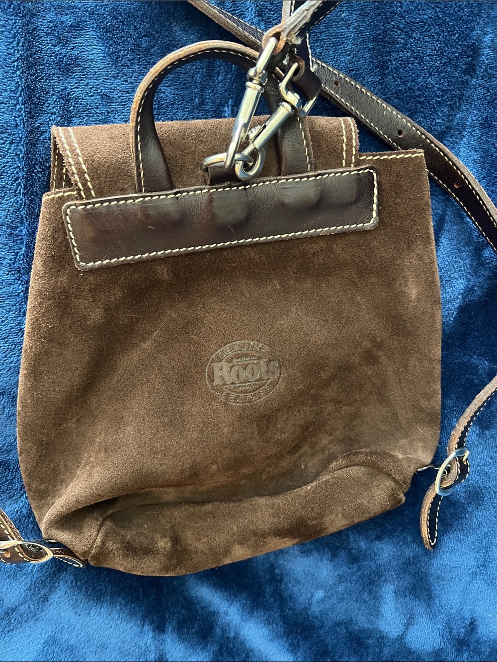 Roots Brown Suede leather Mini Drawstring Backpack with Front Clasp - Picture 3 of 4